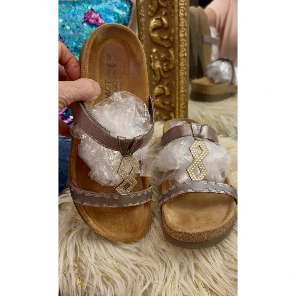 NAOT Aspen Leather Sandals Wedge Cork Gold Metallic Rhinestones EU 38 US 7 - 7.5